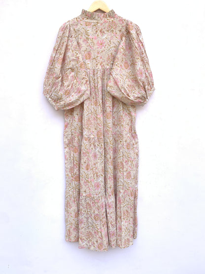 Soft Beige Pink Floral Hand Block Print Cotton Tiered Midi Dress – Bohemian Indian Dress