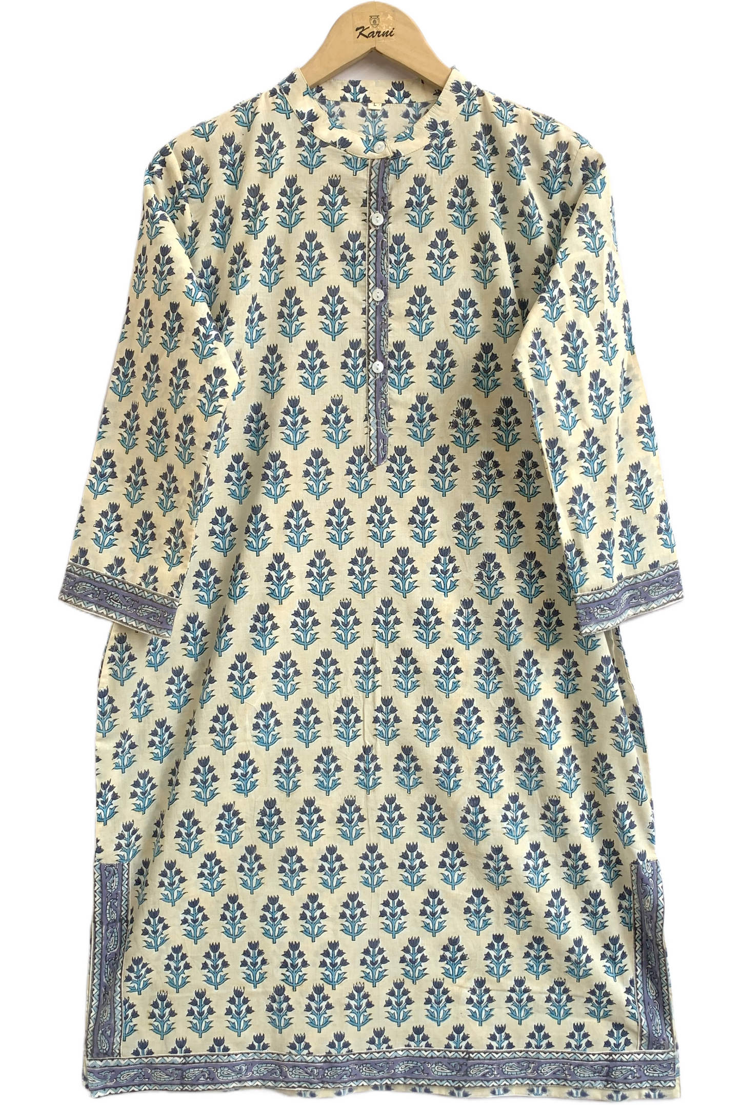 Ivory Blue Floral Hand Block Printed Cotton Kurta – Women’s Indian Tunic Dress