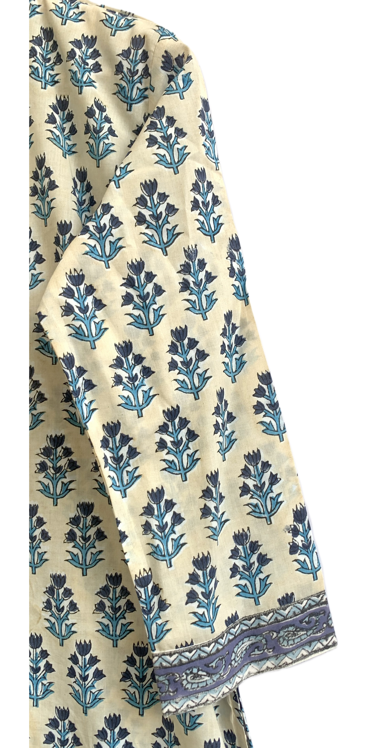 Ivory Blue Floral Hand Block Printed Cotton Kurta – Women’s Indian Tunic Dress