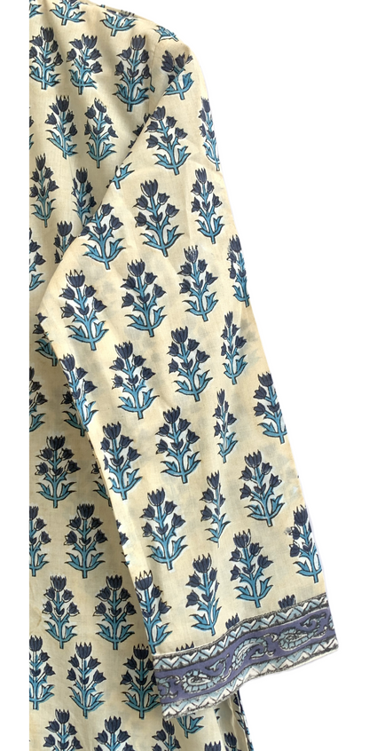 Ivory Blue Floral Hand Block Printed Cotton Kurta – Women’s Indian Tunic Dress