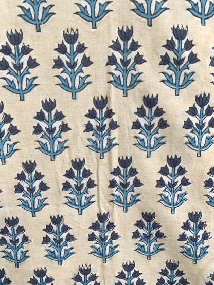 Ivory Blue Floral Hand Block Printed Cotton Kurta – Women’s Indian Tunic Dress