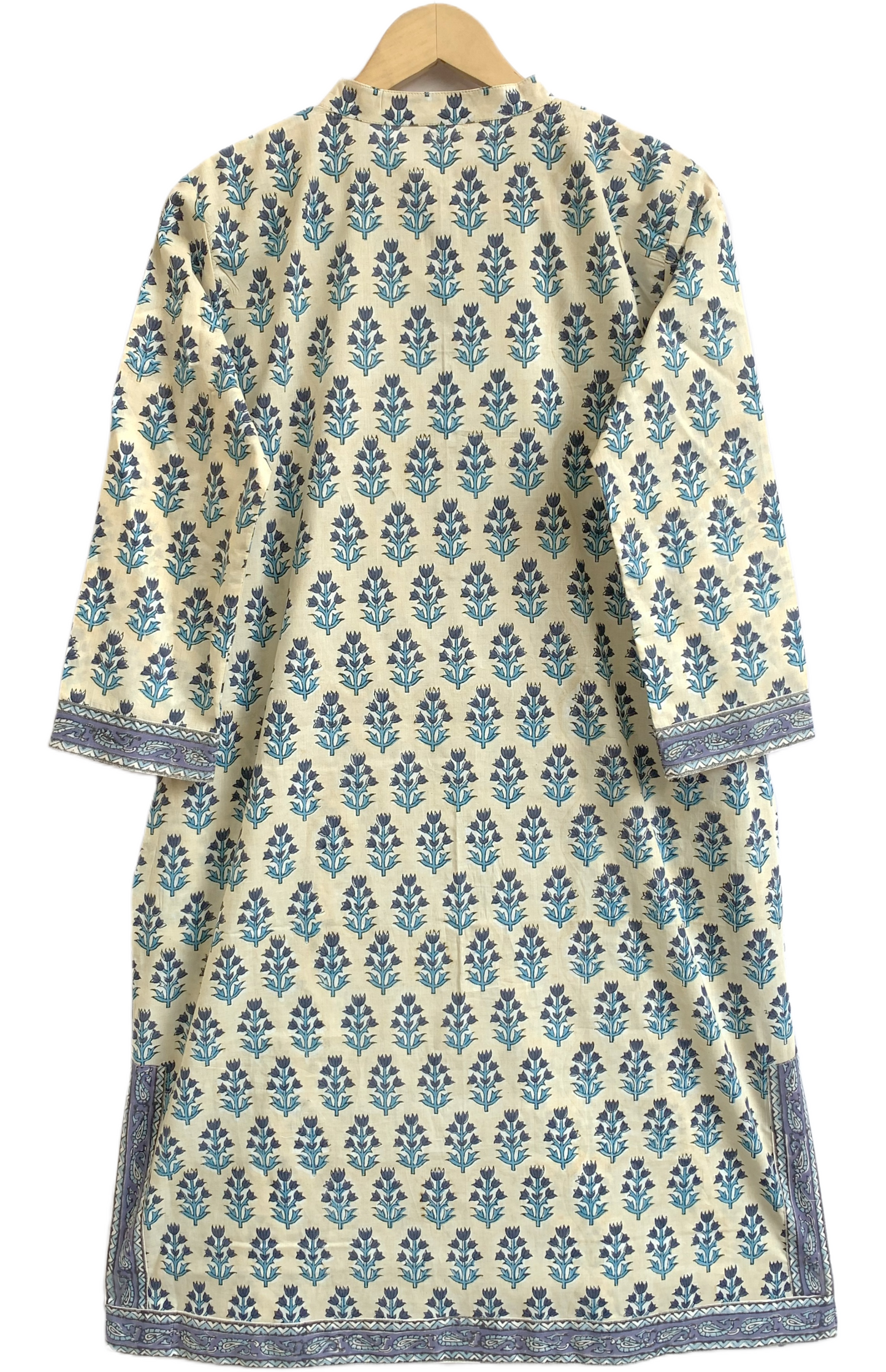 Ivory Blue Floral Hand Block Printed Cotton Kurta – Women’s Indian Tunic Dress