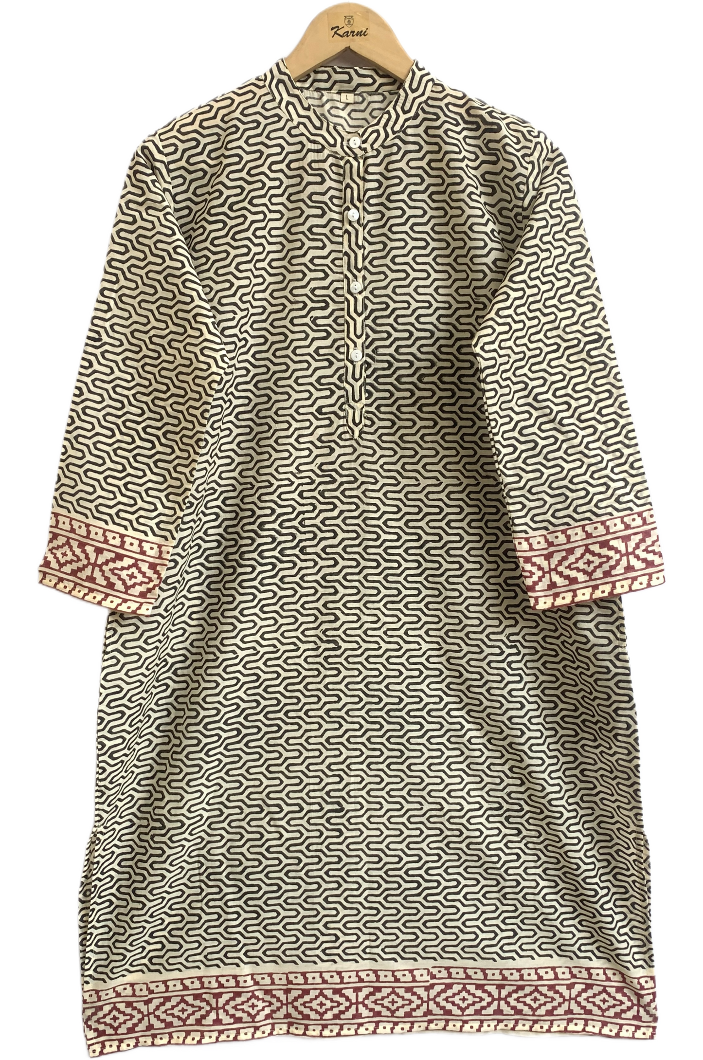 Ivory Geometric Cotton Kurta with Border – Hand Block Printed Tunic
