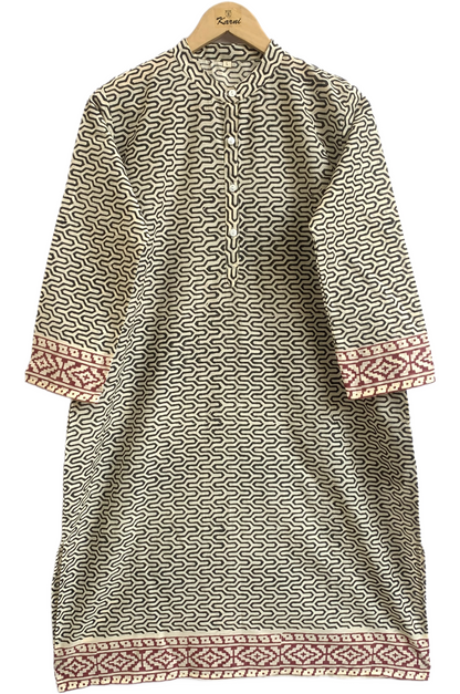 Ivory Geometric Cotton Kurta with Border – Hand Block Printed Tunic