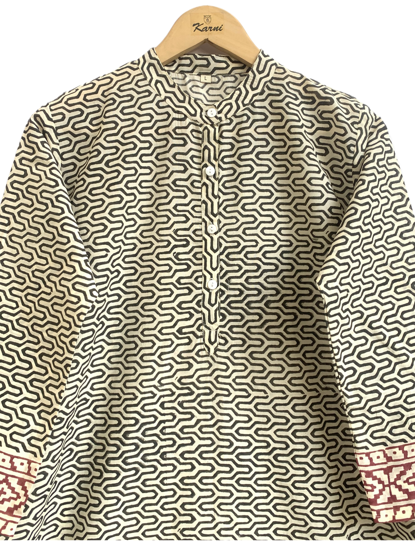 Ivory Geometric Cotton Kurta with Border – Hand Block Printed Tunic