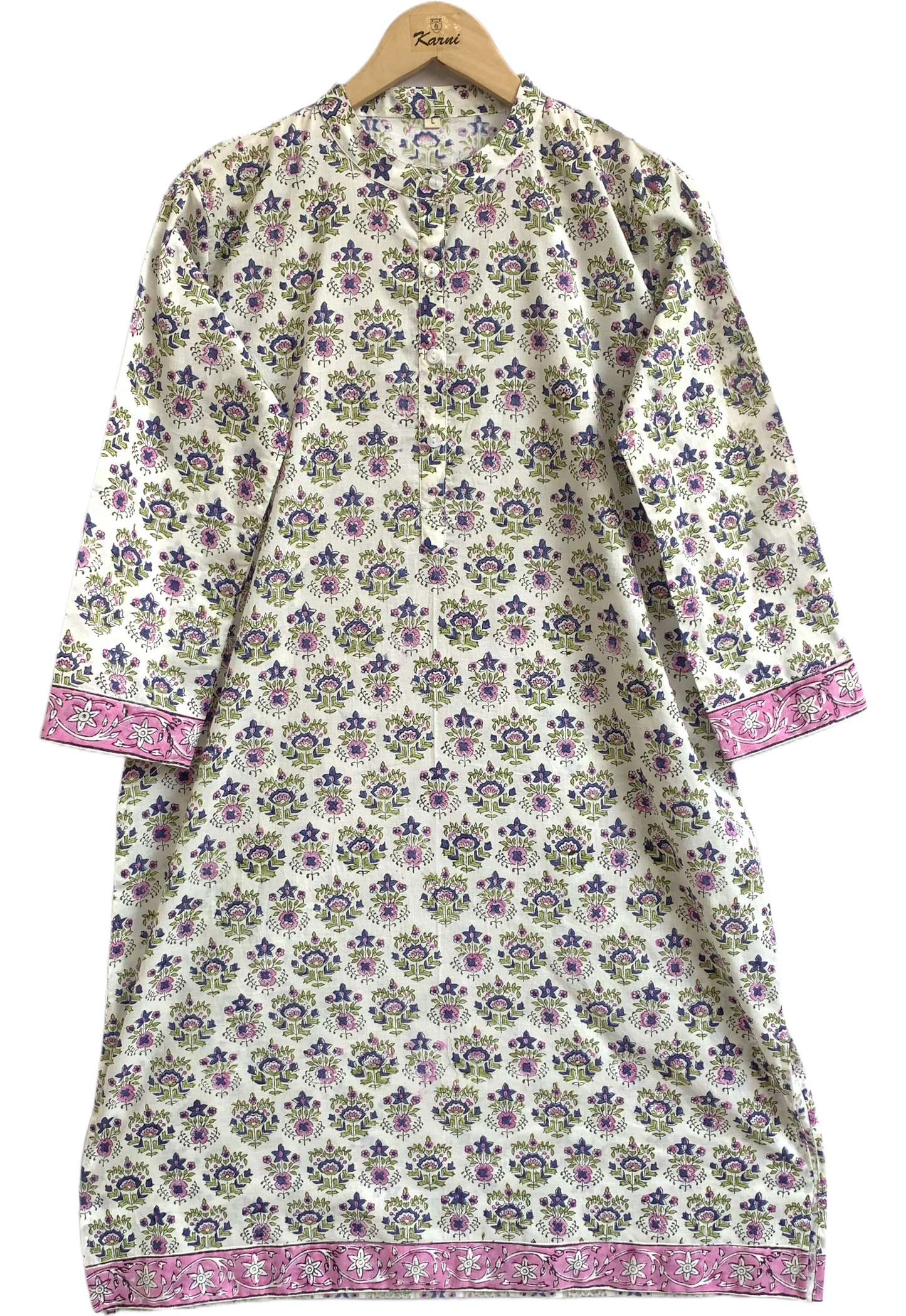 Pink Floral Hand Block Printed Cotton Kurta – Women’s Indian Tunic