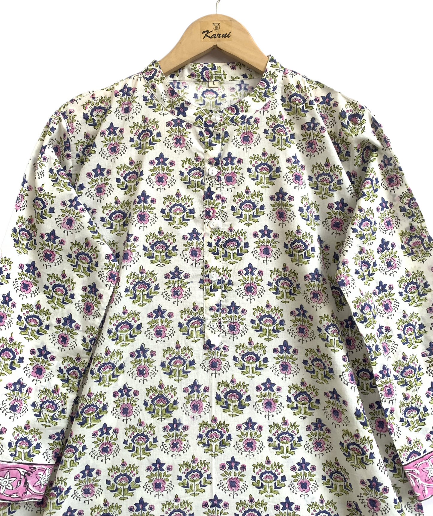 Pink Floral Hand Block Printed Cotton Kurta – Women’s Indian Tunic
