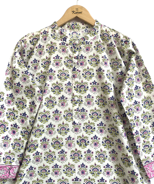 Pink Floral Hand Block Printed Cotton Kurta – Women’s Indian Tunic