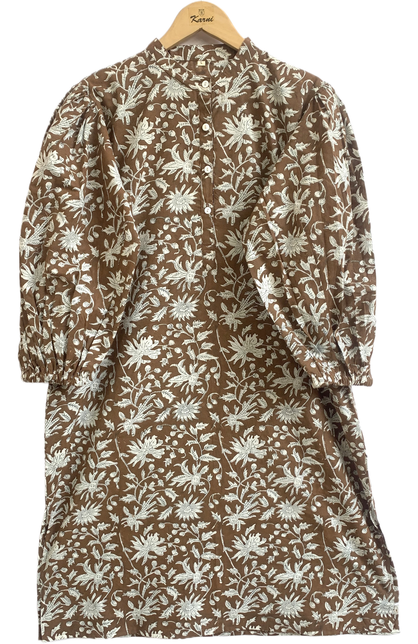 Brown Floral Hand Block Printed Cotton Kurta – Women’s Indian Tunic Dress