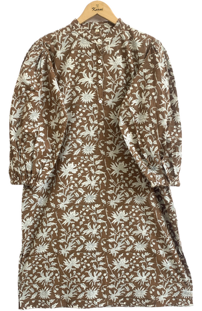 Brown Floral Hand Block Printed Cotton Kurta – Women’s Indian Tunic Dress