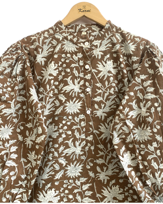 Brown Floral Hand Block Printed Cotton Kurta – Women’s Indian Tunic Dress