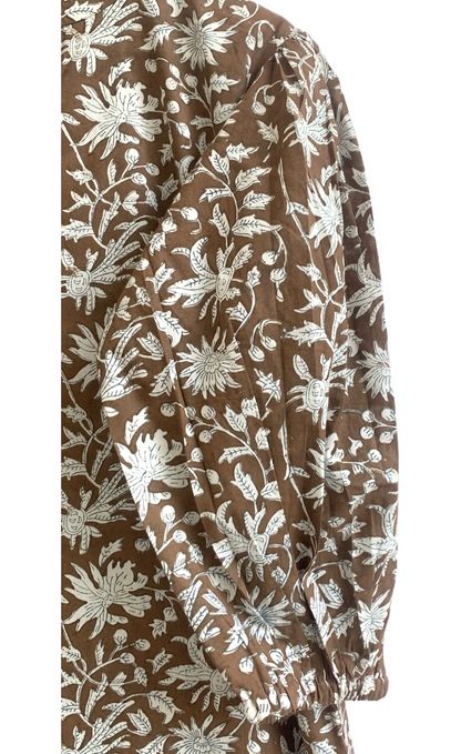 Brown Floral Hand Block Printed Cotton Kurta – Women’s Indian Tunic Dress