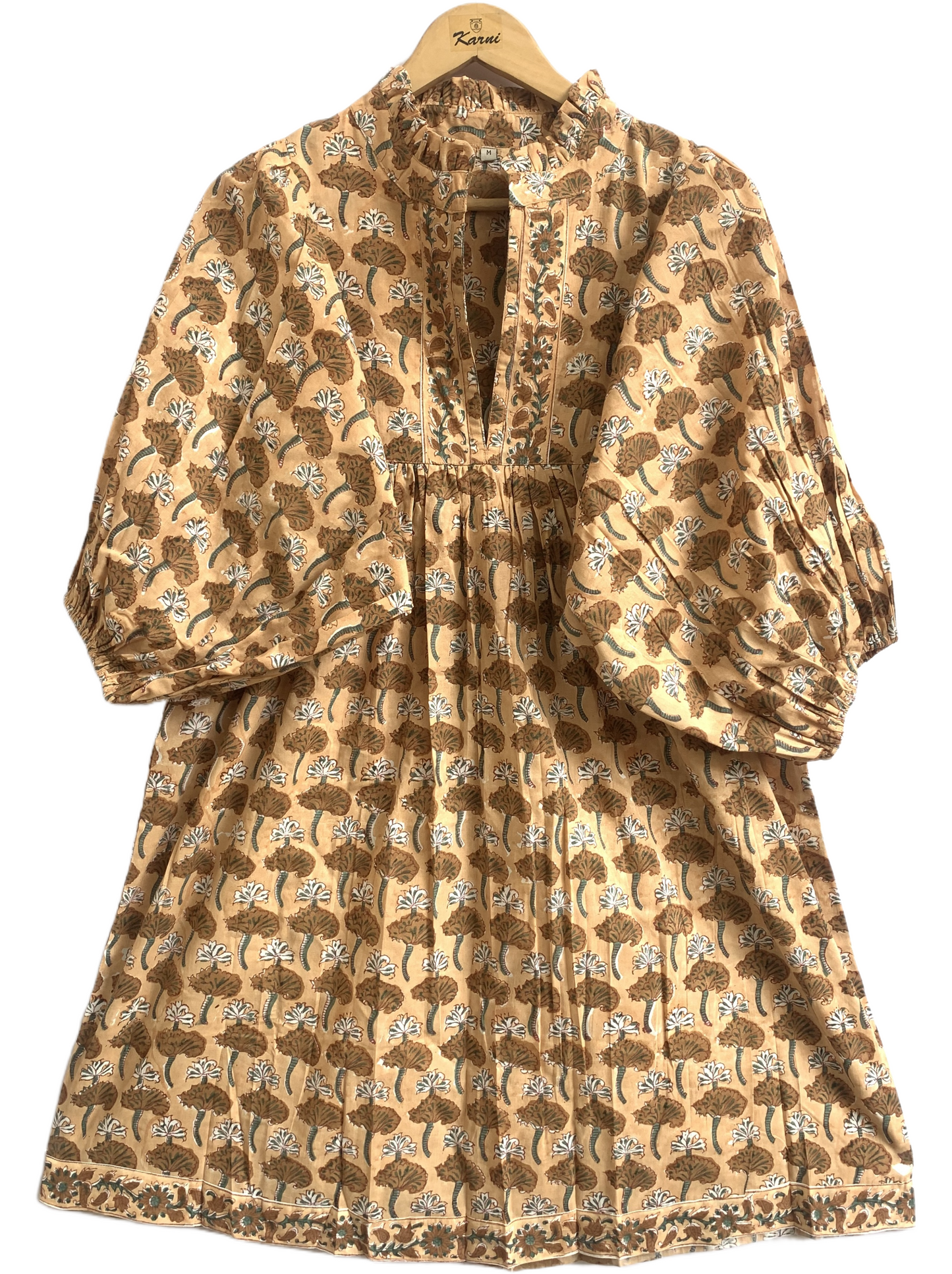 Mustard Brown Floral Hand Block Printed Cotton Mini Dress – Puff Sleeve Boho Summer Dress