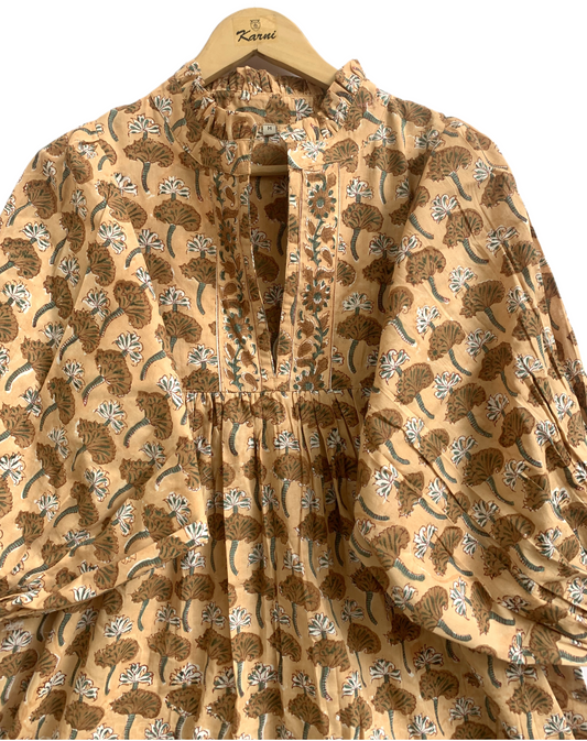 Mustard Brown Floral Hand Block Printed Cotton Mini Dress – Puff Sleeve Boho Summer Dress