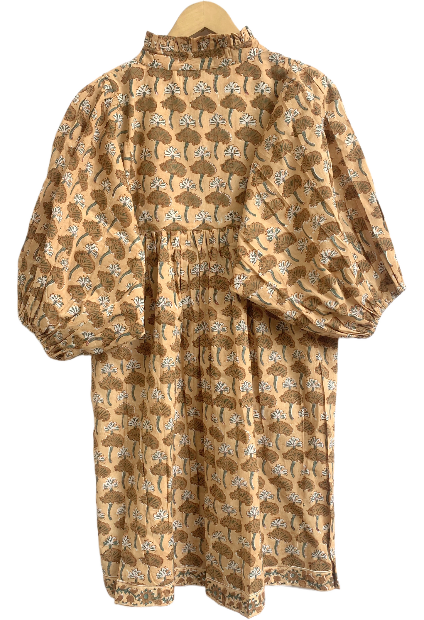 Mustard Brown Floral Hand Block Printed Cotton Mini Dress – Puff Sleeve Boho Summer Dress