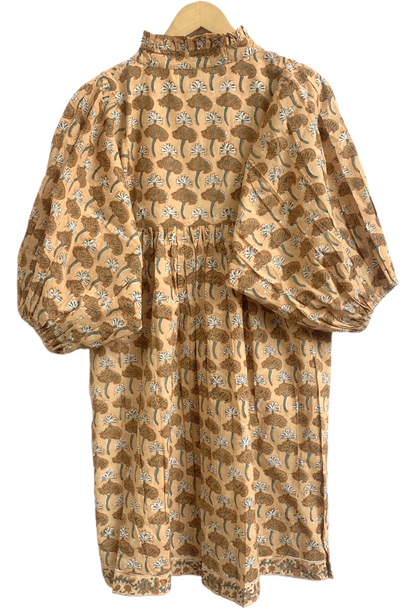 Mustard Brown Floral Hand Block Printed Cotton Mini Dress – Puff Sleeve Boho Summer Dress