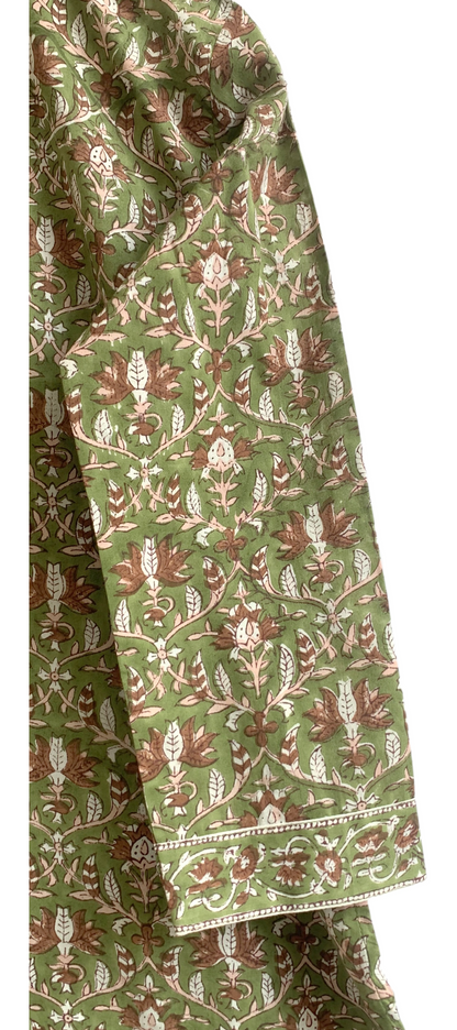 Olive Green Floral Hand Block Printed Cotton Kurta – Women’s Indian Tunic