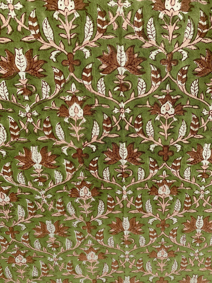 Olive Green Floral Hand Block Printed Cotton Kurta – Women’s Indian Tunic