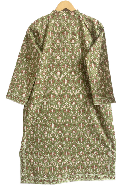 Olive Green Floral Hand Block Printed Cotton Kurta – Women’s Indian Tunic