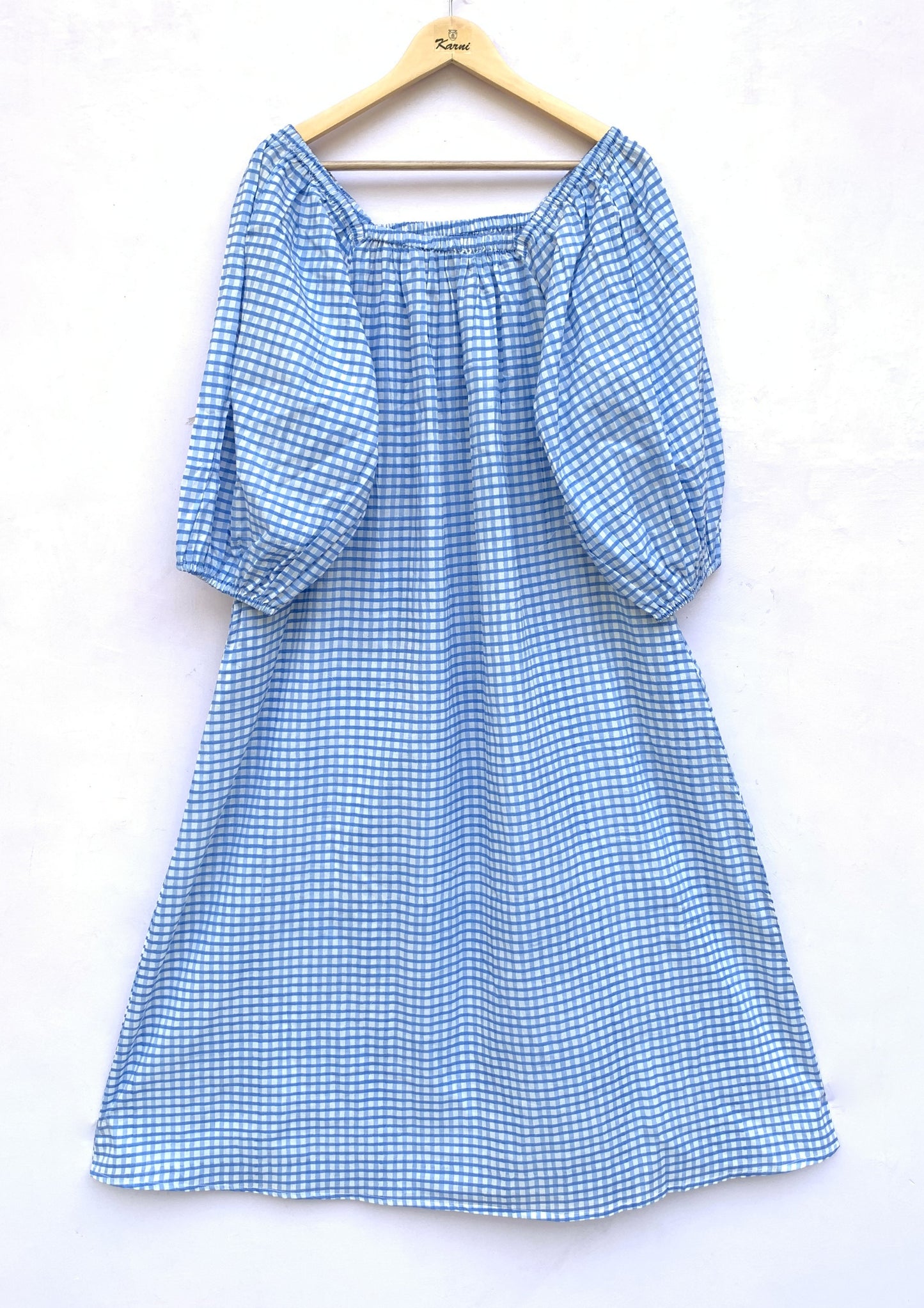 Blue Gingham Cotton Midi Dress – Puff Sleeve Boho Summer Dress