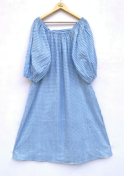 Blue Gingham Cotton Midi Dress – Puff Sleeve Boho Summer Dress