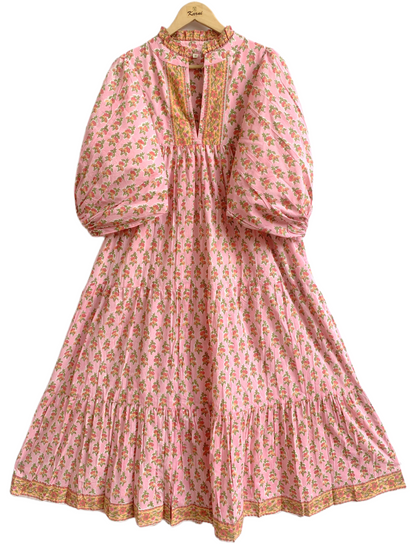 Pink Floral Hand Block Printed Cotton Dress – Puff Sleeve Boho Tiered Midi Dress