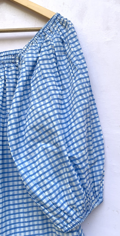 Blue Gingham Cotton Midi Dress – Puff Sleeve Boho Summer Dress