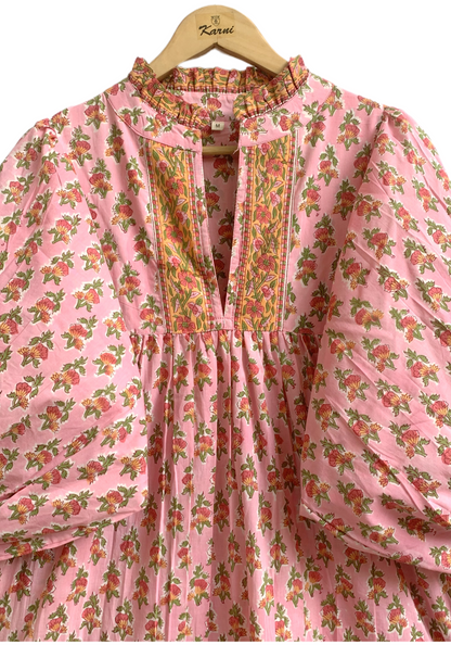 Pink Floral Hand Block Printed Cotton Dress – Puff Sleeve Boho Tiered Midi Dress