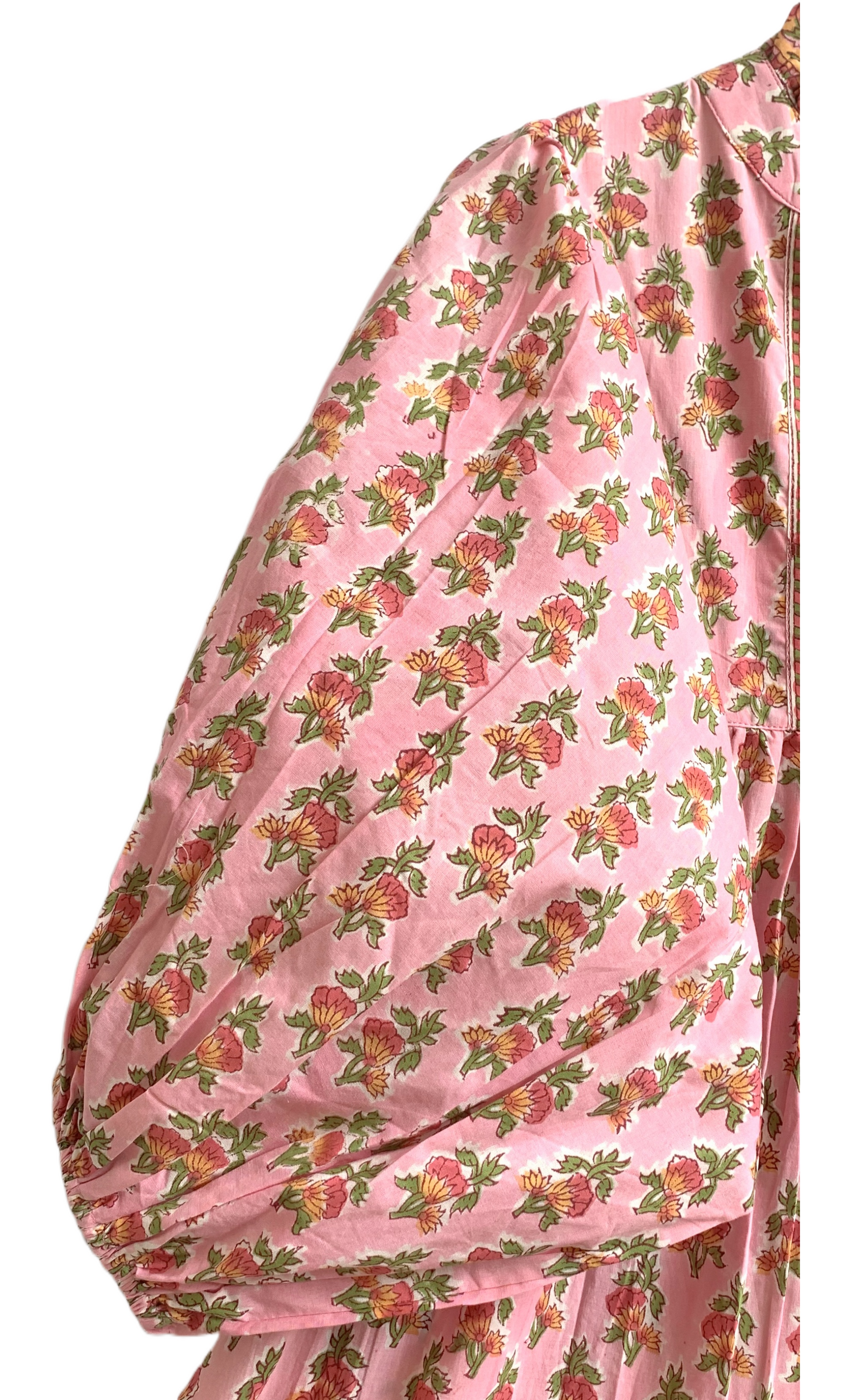 Pink Floral Hand Block Printed Cotton Dress – Puff Sleeve Boho Tiered Midi Dress