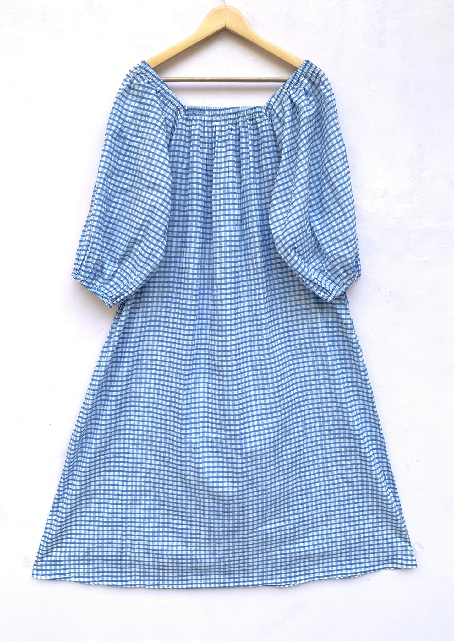 Blue Gingham Cotton Midi Dress – Puff Sleeve Boho Summer Dress
