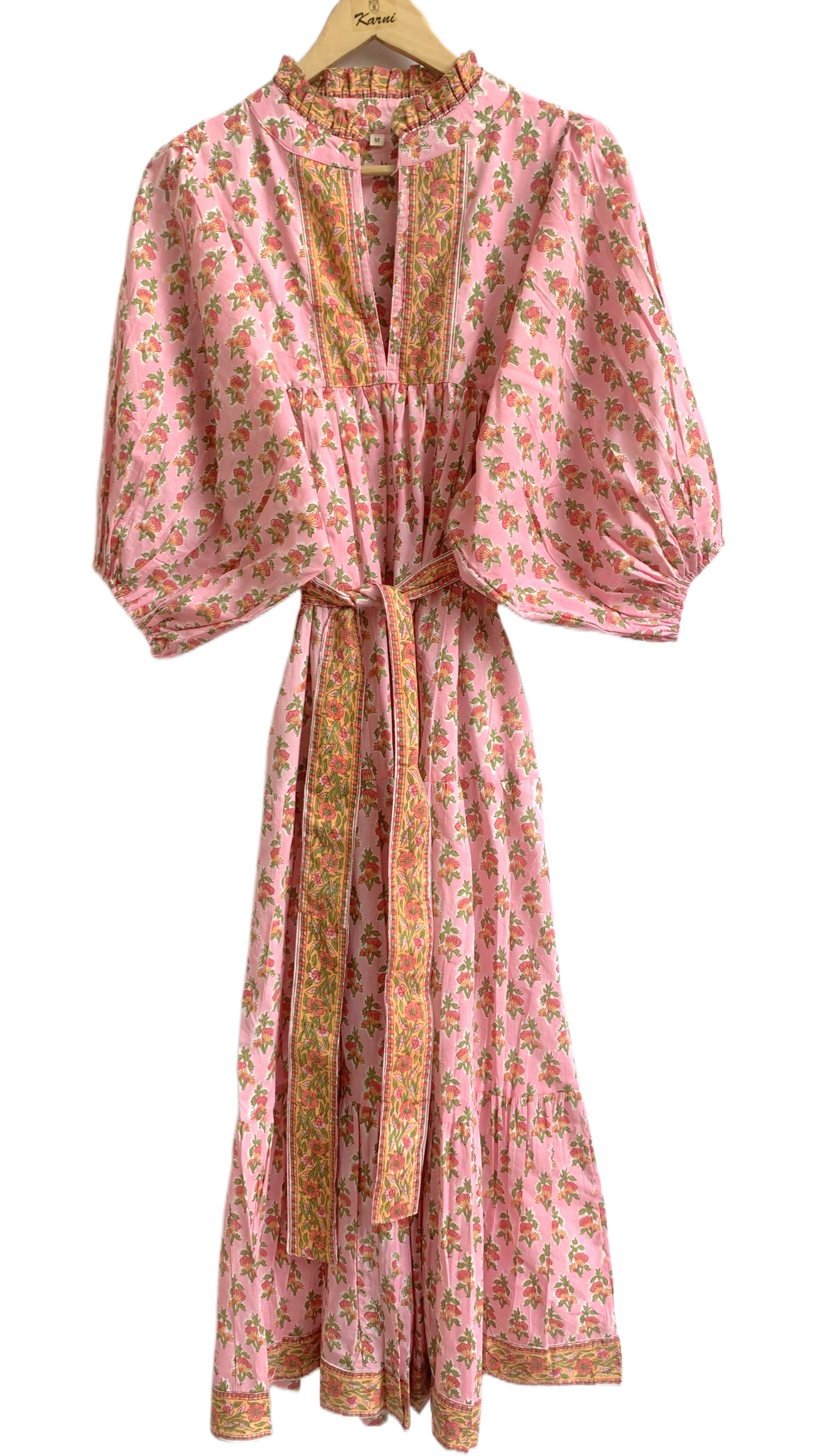 Pink Floral Hand Block Printed Cotton Dress – Puff Sleeve Boho Tiered Midi Dress