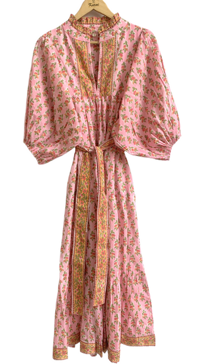Pink Floral Hand Block Printed Cotton Dress – Puff Sleeve Boho Tiered Midi Dress