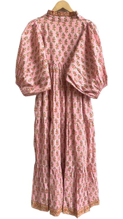 Pink Floral Hand Block Printed Cotton Dress – Puff Sleeve Boho Tiered Midi Dress