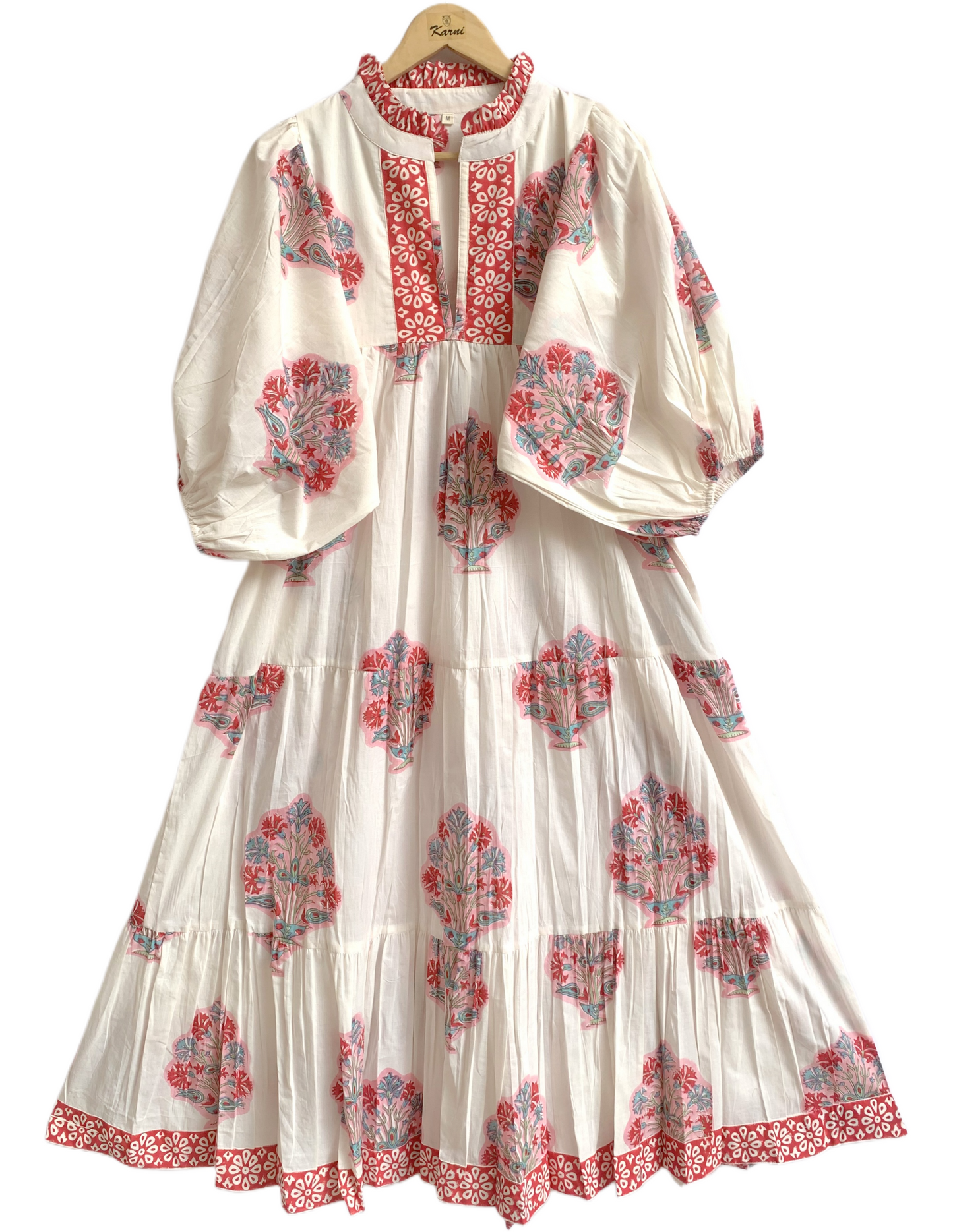Red Floral Hand Block Printed Cotton Dress – Puff Sleeve Boho Tiered Maxi Dress