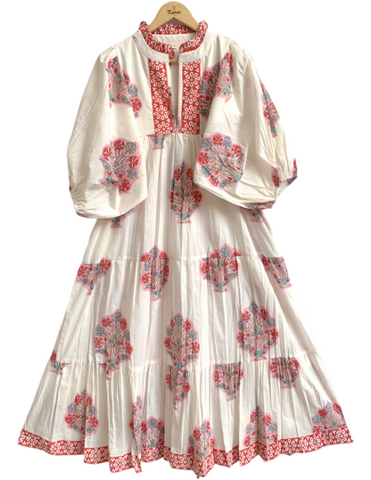 Red Floral Hand Block Printed Cotton Dress – Puff Sleeve Boho Tiered Maxi Dress
