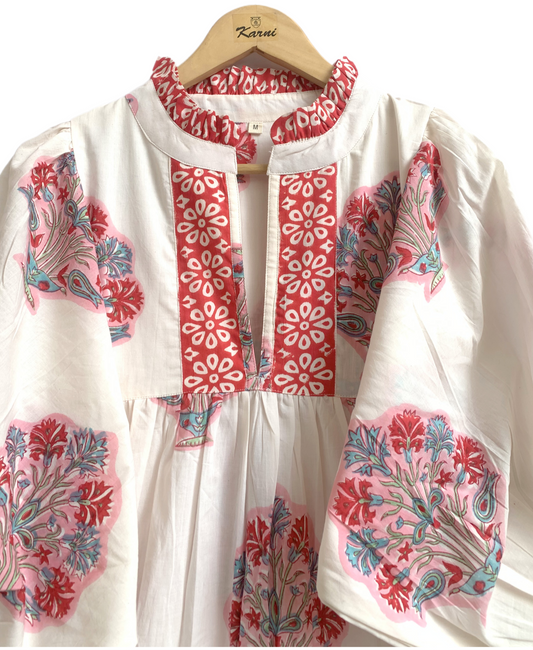 Red Floral Hand Block Printed Cotton Dress – Puff Sleeve Boho Tiered Maxi Dress