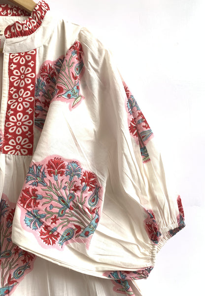 Red Floral Hand Block Printed Cotton Dress – Puff Sleeve Boho Tiered Maxi Dress