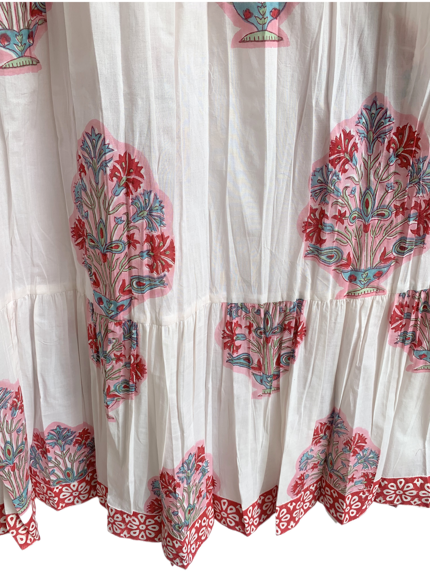 Red Floral Hand Block Printed Cotton Dress – Puff Sleeve Boho Tiered Maxi Dress