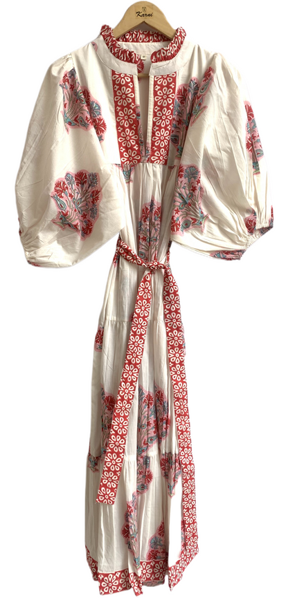 Red Floral Hand Block Printed Cotton Dress – Puff Sleeve Boho Tiered Maxi Dress