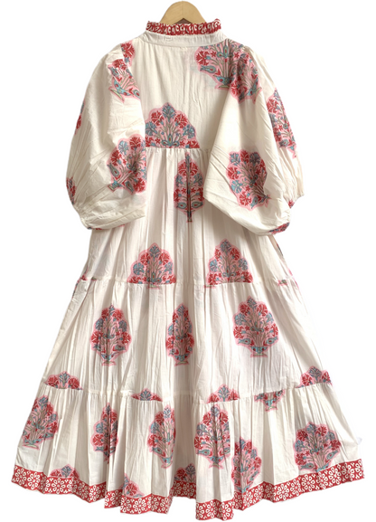 Red Floral Hand Block Printed Cotton Dress – Puff Sleeve Boho Tiered Maxi Dress