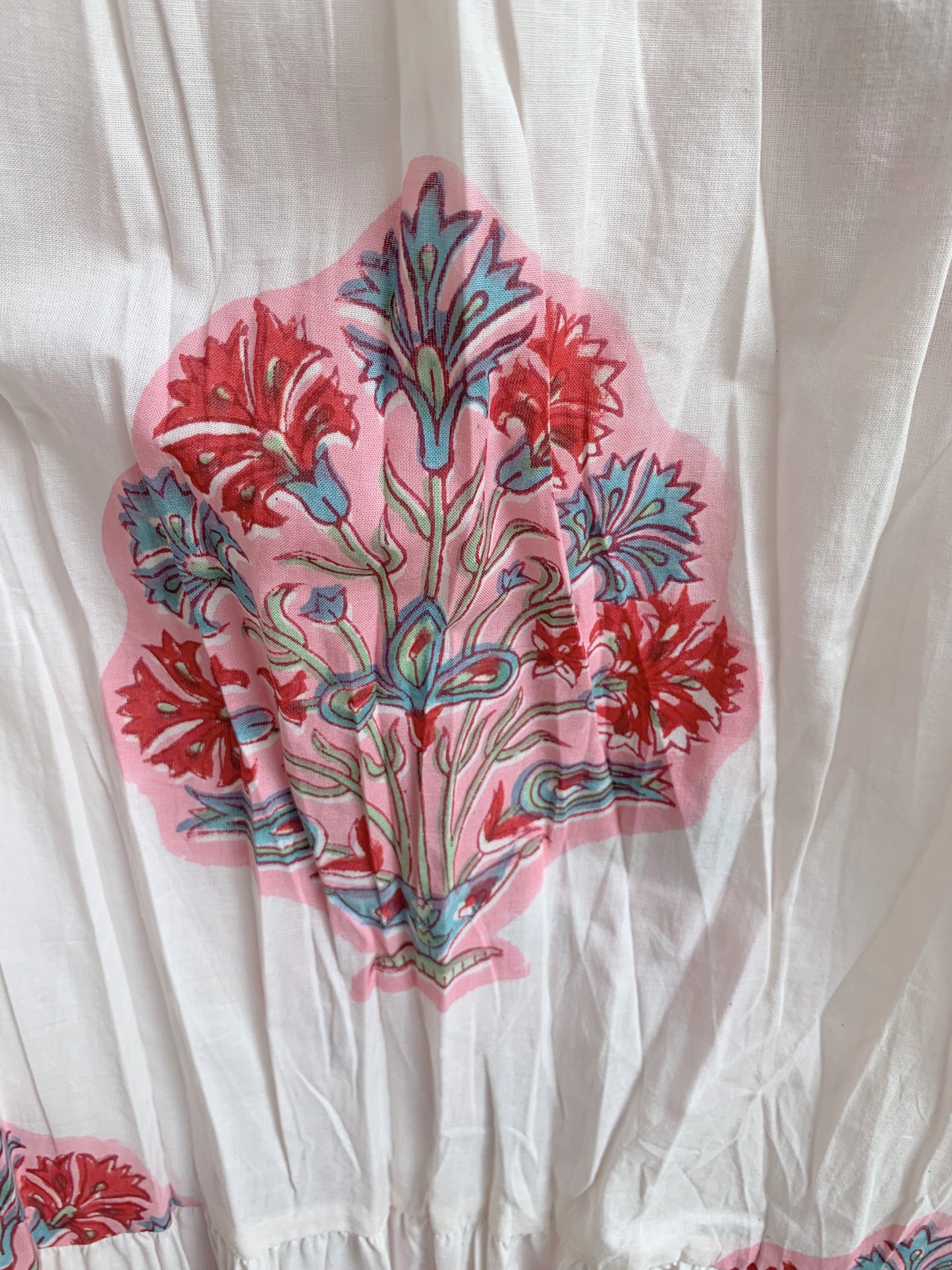 Red Floral Hand Block Printed Cotton Dress – Puff Sleeve Boho Tiered Maxi Dress