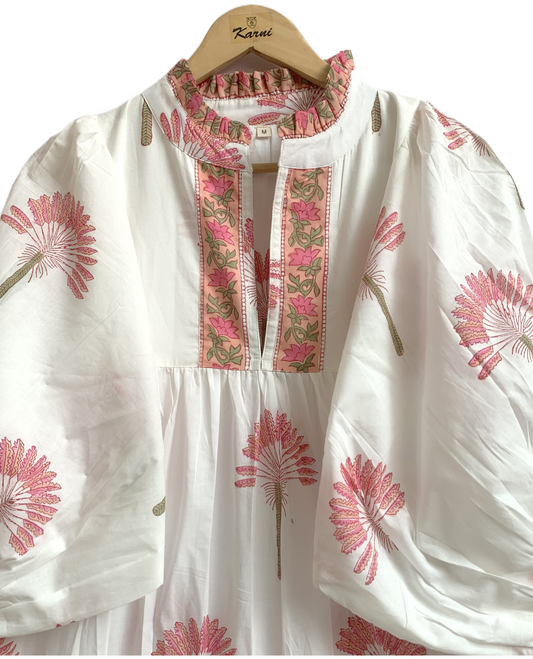 White Pink Floral Hand Block Print Cotton Midi Dress – Puff Sleeve Boho Summer Dress