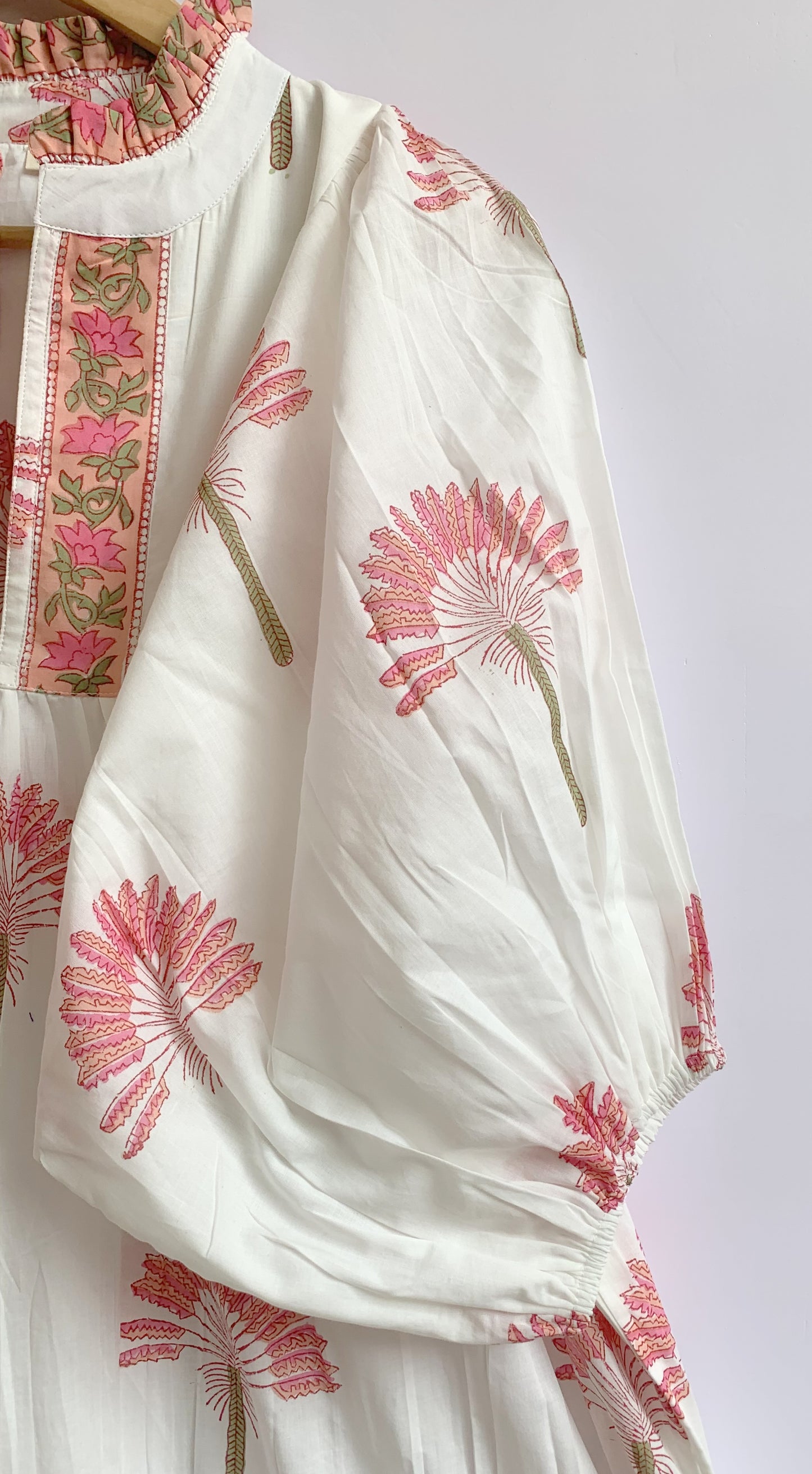 White Pink Floral Hand Block Print Cotton Midi Dress – Puff Sleeve Boho Summer Dress