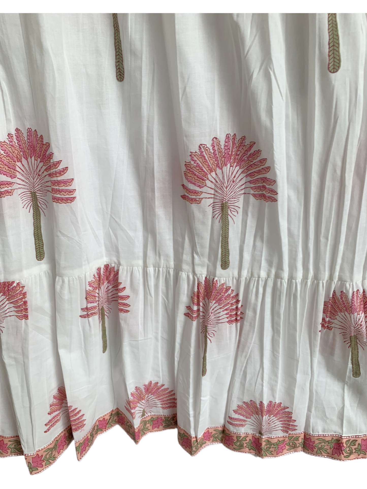 White Pink Floral Hand Block Print Cotton Midi Dress – Puff Sleeve Boho Summer Dress