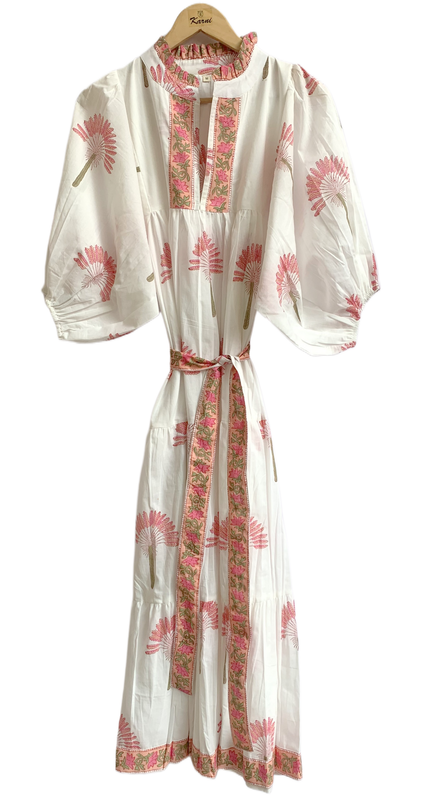 White Pink Floral Hand Block Print Cotton Midi Dress – Puff Sleeve Boho Summer Dress