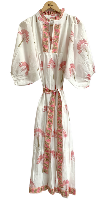 White Pink Floral Hand Block Print Cotton Midi Dress – Puff Sleeve Boho Summer Dress