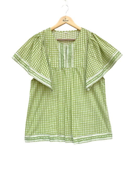 green plaid cotton blouse with v neck and short sleeves