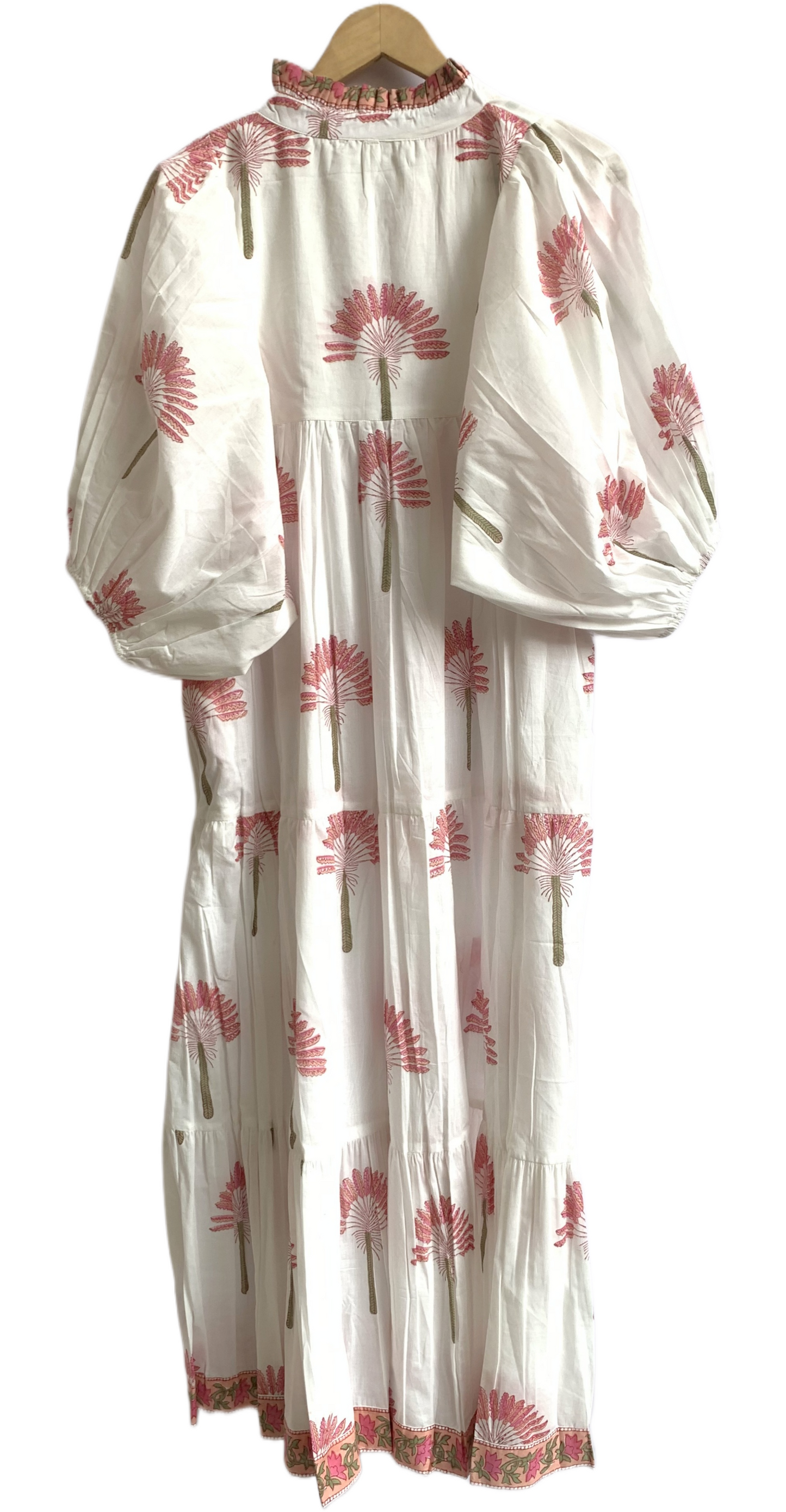 White Pink Floral Hand Block Print Cotton Midi Dress – Puff Sleeve Boho Summer Dress