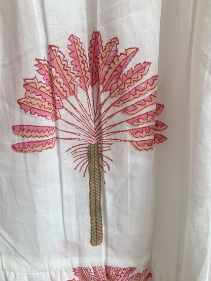 White Pink Floral Hand Block Print Cotton Midi Dress – Puff Sleeve Boho Summer Dress