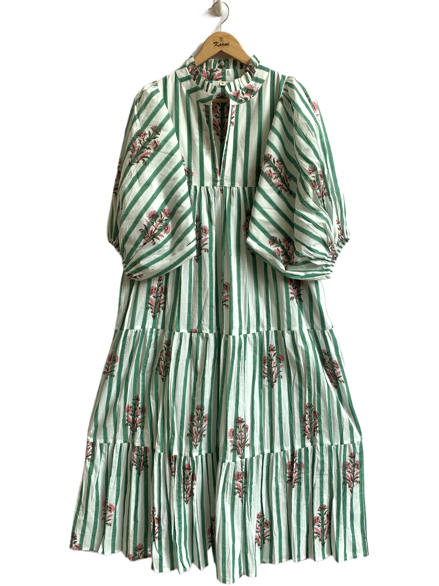 Green White Striped Floral Hand Block Printed Cotton Dress – Puff Sleeve Boho Tiered Midi Dress